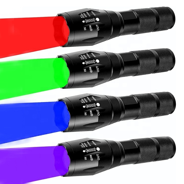 Long Range Zoom Tactical Torches Light Yellow Blue Red White Green Purple UV Led Flashlight for Hunting Fishing Outdoor