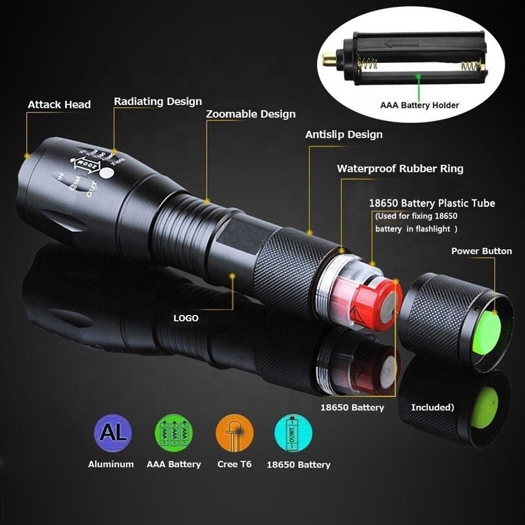 Long Range Zoom Tactical Torches Light Yellow Blue Red White Green Purple UV Led Flashlight for Hunting Fishing Outdoor