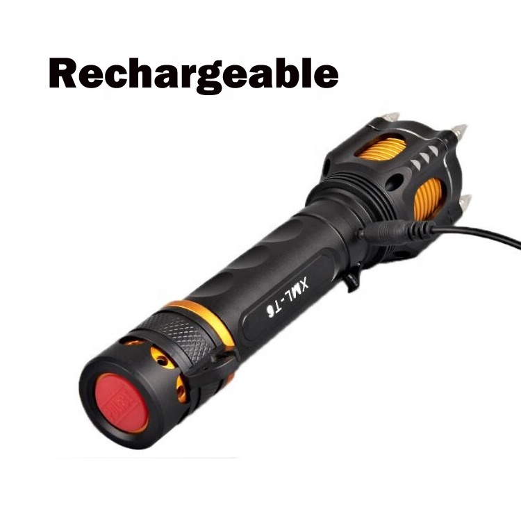 Car Emergency Hurricane Survival Tool Attack Head Rechargeable T6 Led Torch Tactical Flashlight With Alarm