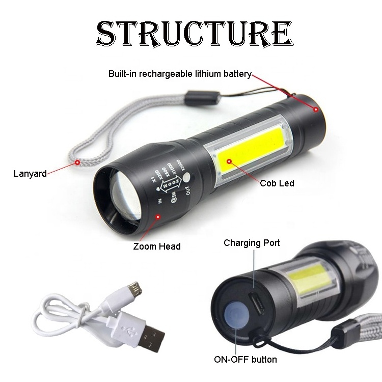 Promotion Gift Emergency Portable Tactical Torch Zoom Focus Mini USB Rechargeable Led Cob Flashlight