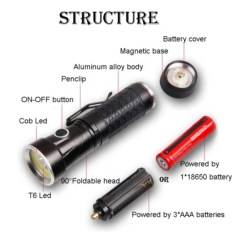 90 Degree Foldable Flashlight Portable Handheld Cob Red Led Torch Light With Magnetic Base