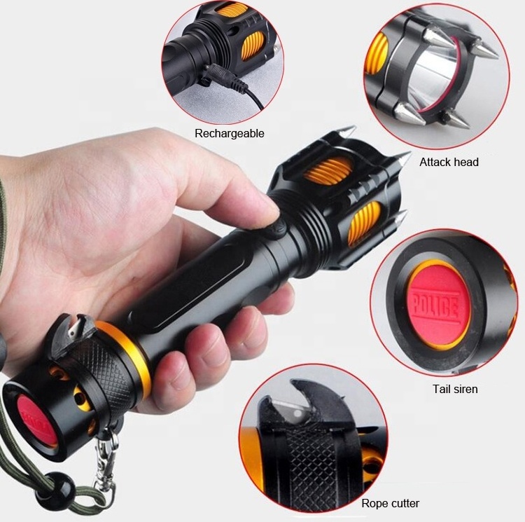 Car Emergency Hurricane Survival Tool Attack Head Rechargeable T6 Led Torch Tactical Flashlight With Alarm