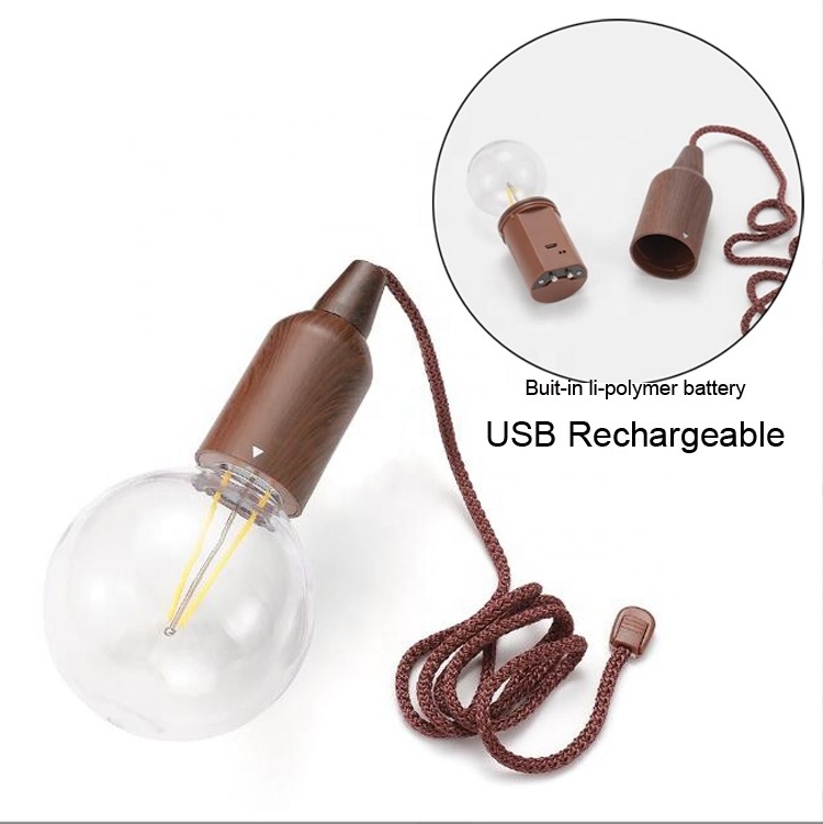 Retro Wooden Night Light Portable Tent Lamp Room Decoration Hanging Lantern Rechargeable Pull Cord Bulb Cob Led Camping Lighting