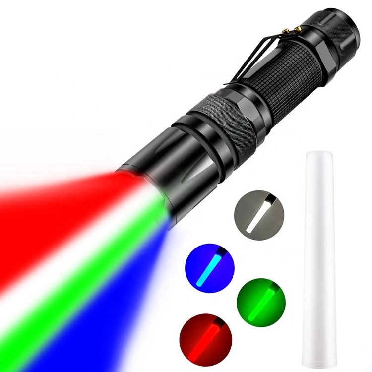 4 Colors in 1 Light Signal Traffic Baton Night Safety Wand Hunting Clip On Mini Torch RGBW White Blue Red Green Led Flashlight