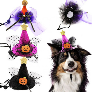 Cute Cool Pumpkin Head Halloween Hat for Dogs Small Pets with Lace Mesh Cartoon Wizard's Pattern Summer Winter Spring Parties