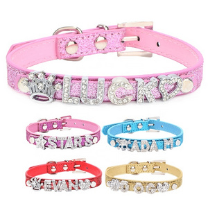 Shining Powder PU Leather Crystal Rhinestone Dog Collar with Name Tag to Put Letters On Name Custom DIY Letter Charms