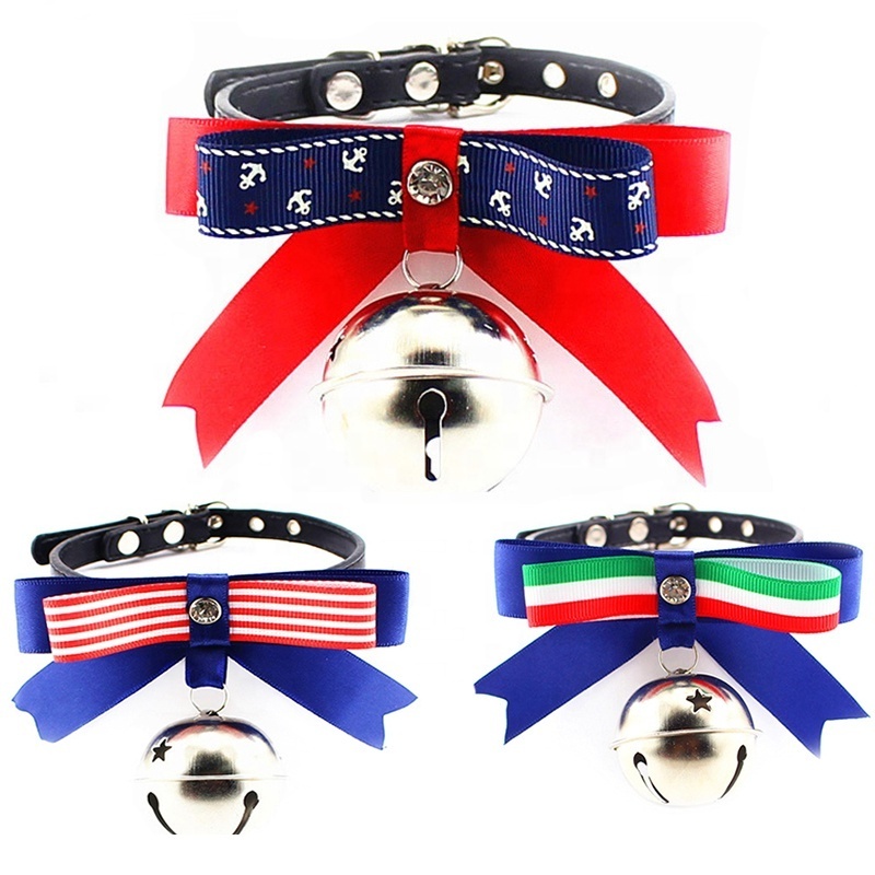 British Style US Italy Flag Pattern Breakaway Cat Collar with Bells Small Dog Neck Bow