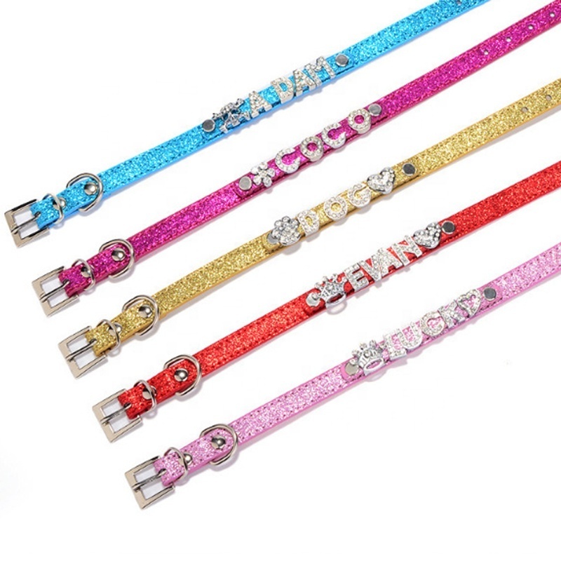 Shining Powder PU Leather Crystal Rhinestone Dog Collar with Name Tag to Put Letters On Name Custom DIY Letter Charms