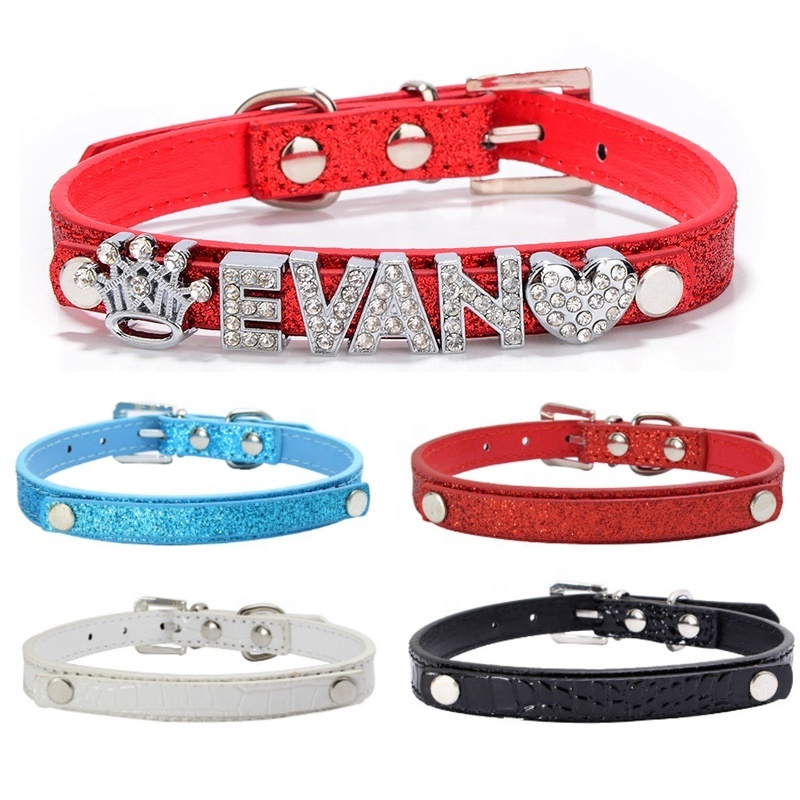 Shining Powder PU Leather Crystal Rhinestone Dog Collar with Name Tag to Put Letters On Name Custom DIY Letter Charms