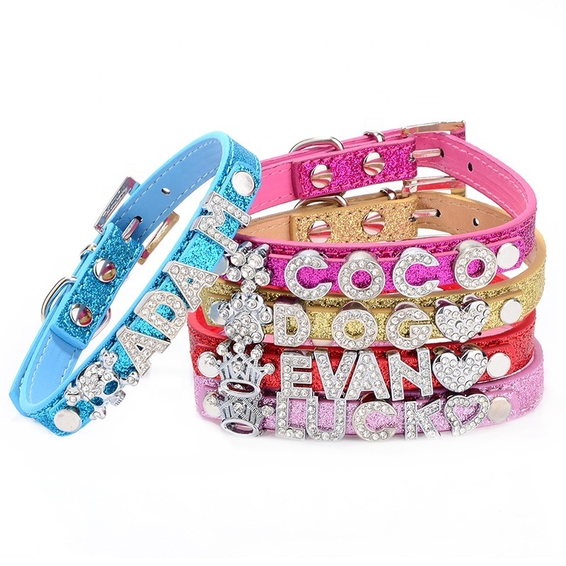 Shining Powder PU Leather Crystal Rhinestone Dog Collar with Name Tag to Put Letters On Name Custom DIY Letter Charms