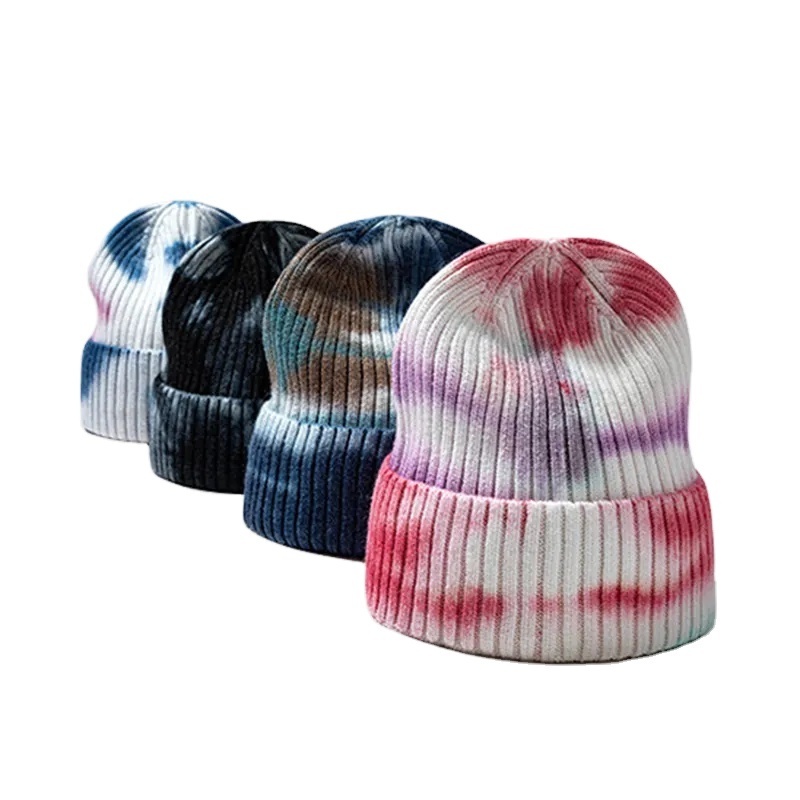 Wholesale All over print tie dye head warmer knitted beanies winter streetwear tye dye beanie winter hats men women