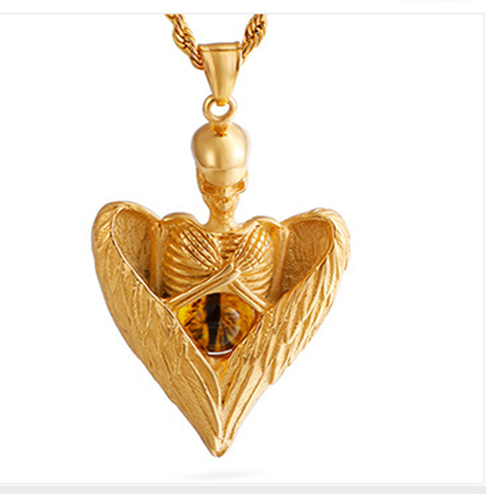 Mens Heart Large Angel Wing Stainless Steel Plated 18k Gold Silver Skull Pendant