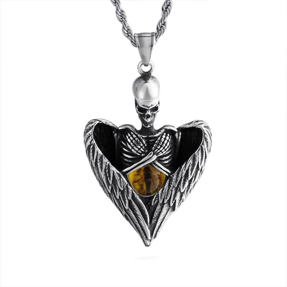 Mens Heart Large Angel Wing Stainless Steel Plated 18k Gold Silver Skull Pendant