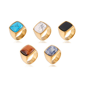 Hot selling black white yellow blue sapphire moss agate  nature stone stainless steel ring with gold plated for men