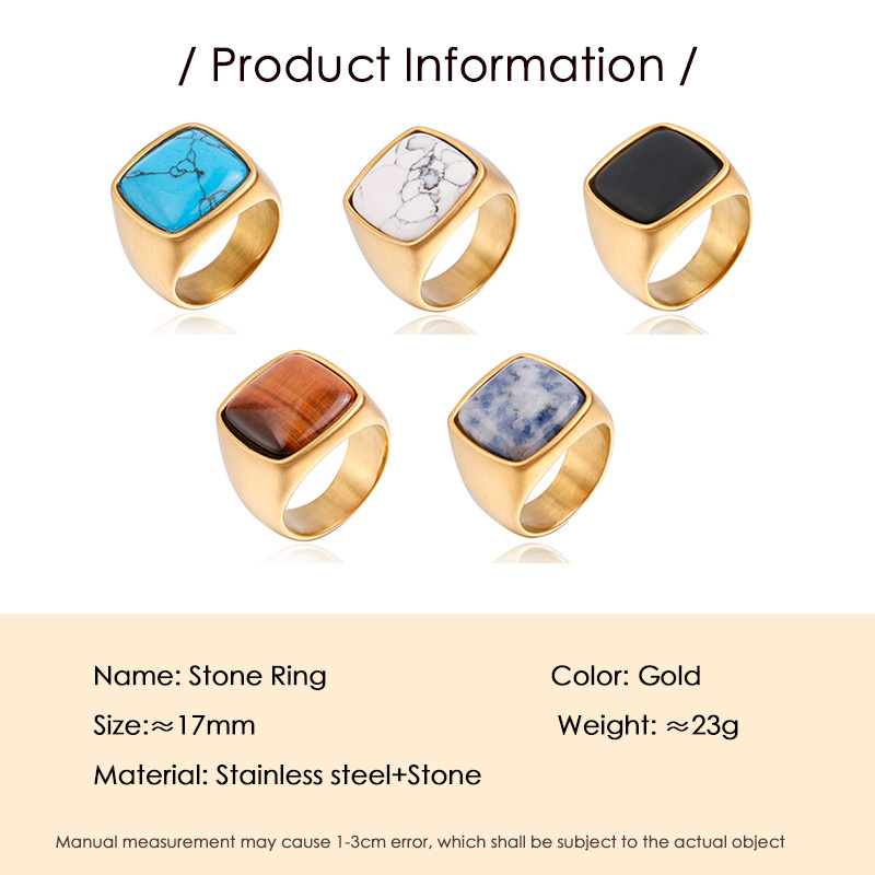 Hot selling black white yellow blue sapphire moss agate  nature stone stainless steel ring with gold plated for men