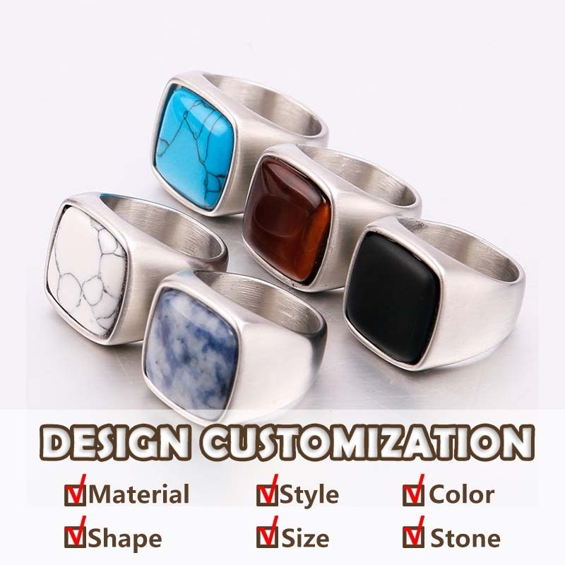 Hot selling black white yellow blue sapphire moss agate  nature stone stainless steel ring with gold plated for men