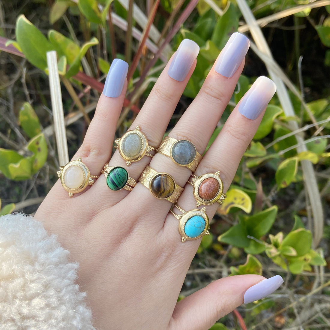 Adjustable Delicate Boho Women Stones Cuban Egyptian Stainless Steel Vintage Rings