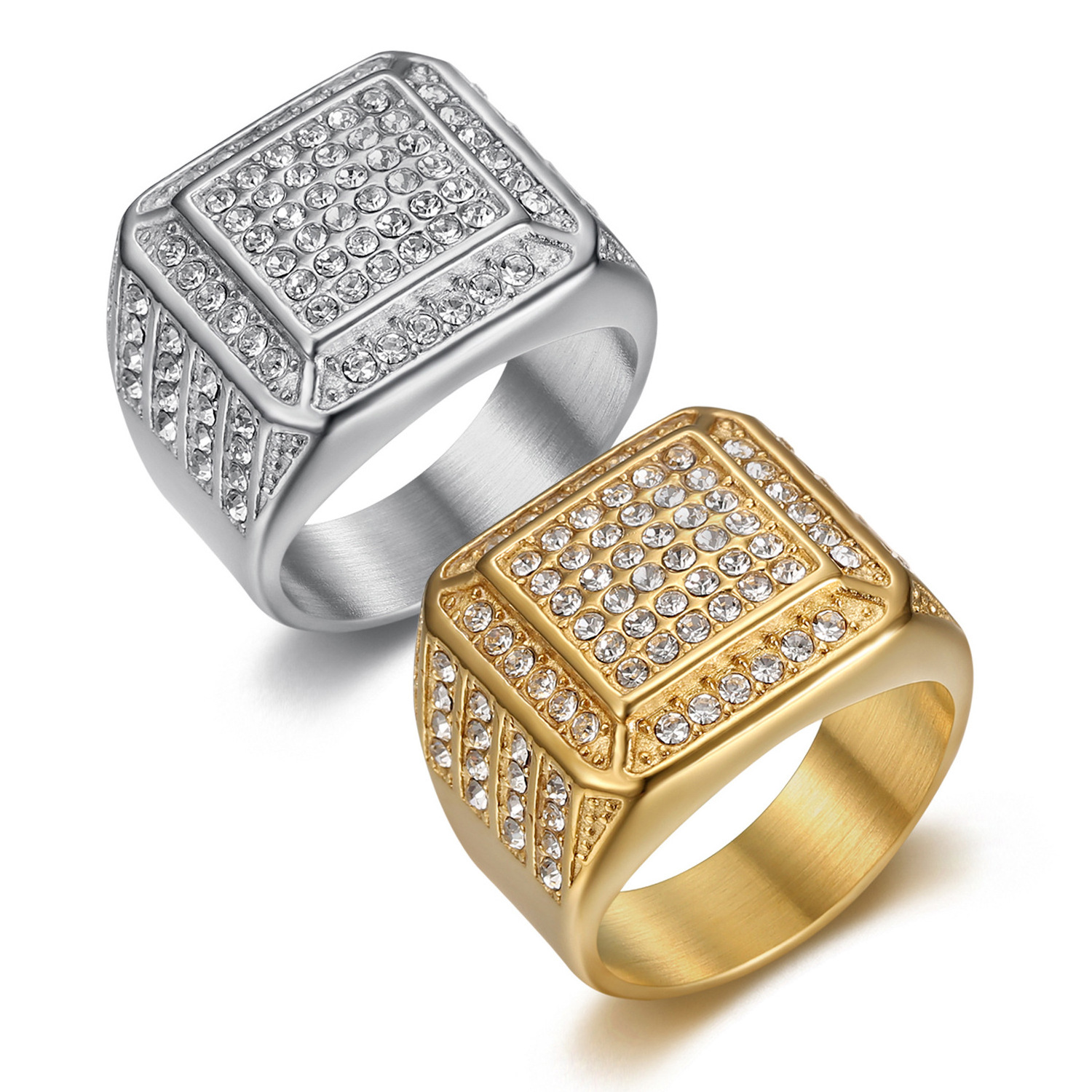 Trendy Hip Hop Cuban Iced Bling Diamond Jewelry 18k Gold Plated Minimalist Wide Stainless Steel signet Rings for Unisex Gift