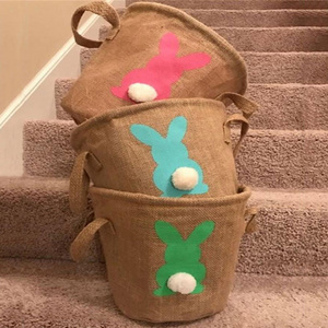 Wholesale Kids Easter Gifts Candy Bag Custom Egg Bunny Bucket with Pom Pom Natural Burlap Easter Basket