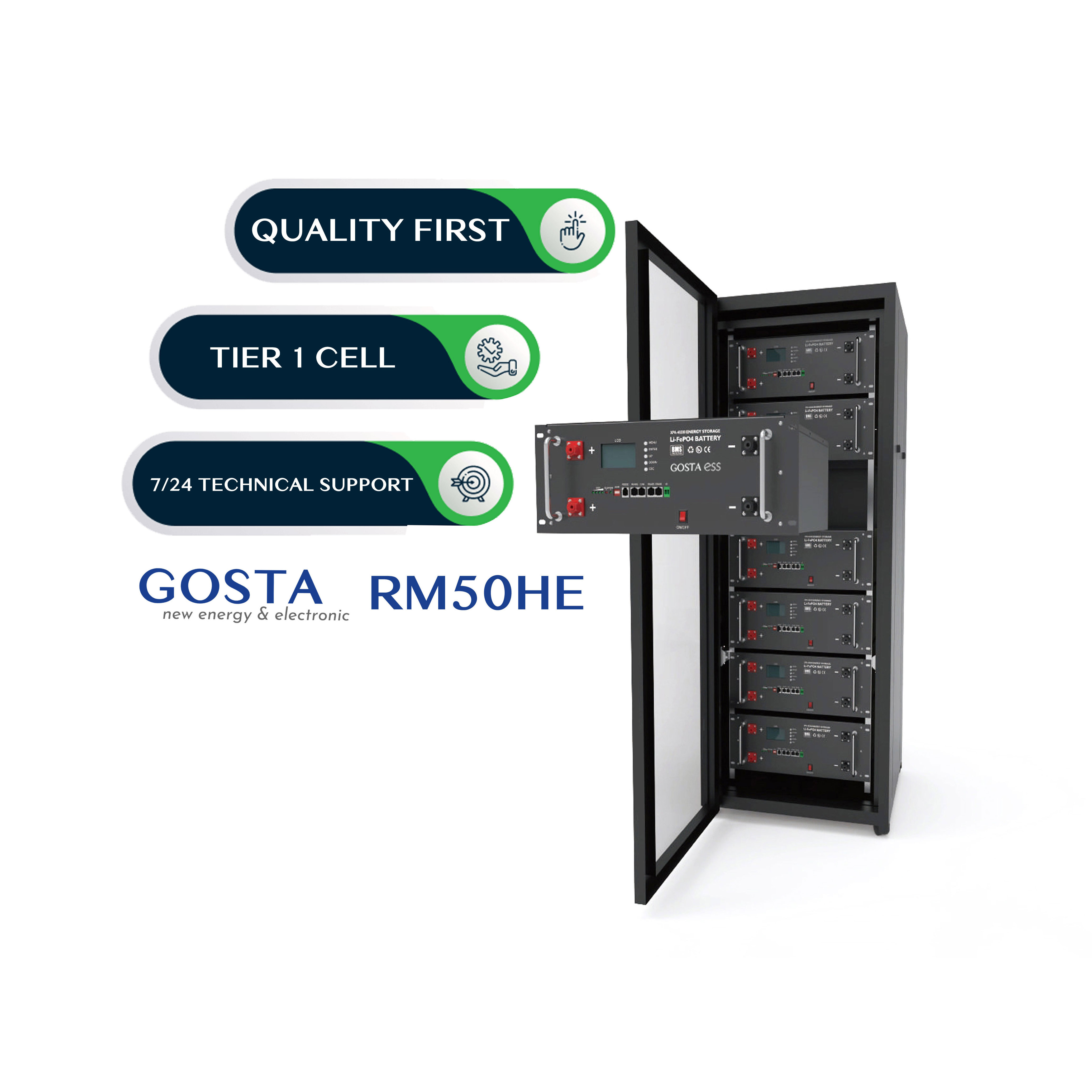 GOSTA RM50HE Factory 48V 51.2V 100Ah 200Ah 300Ah Rack Mount LiFePO4 Lithium Battery Pack For Home Energy Storage