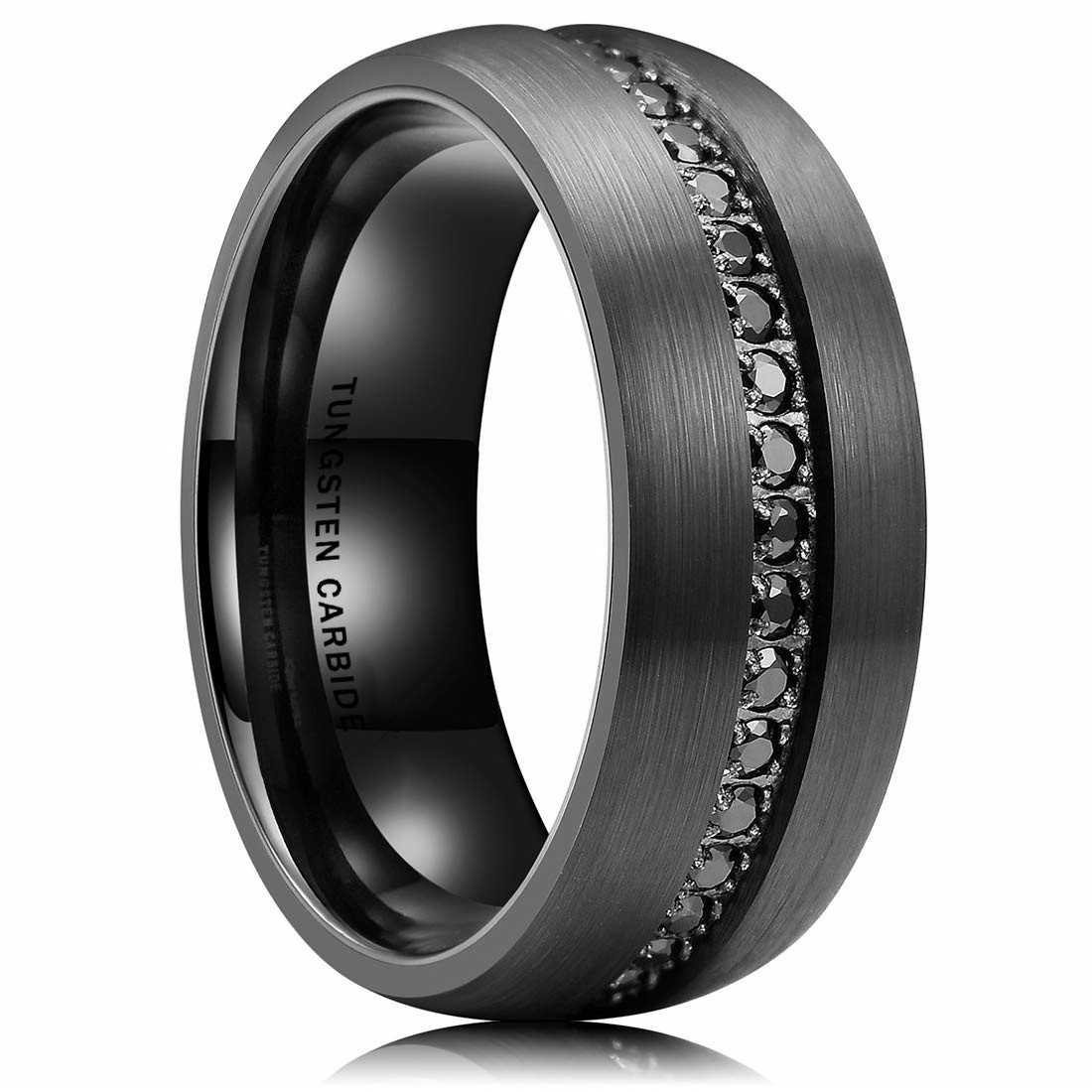 Black Diamond Matte Satin Finish 8mm Wedding Band Tungsten CZ Diamond Inlay Ring For Men