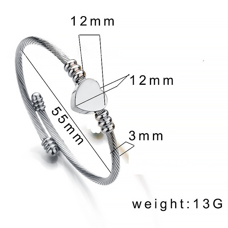 18K Gold 316L Stainless Steel Twisted Cable Wire Heart Charm Cuff Bangle Fashion Opening Adjustable Bracelet for Women Jewelry