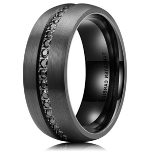 Black Diamond Matte Satin Finish 8mm Wedding Band Tungsten CZ Diamond Inlay Ring For Men