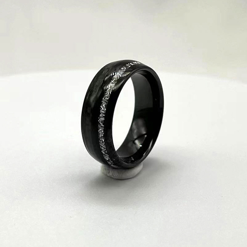 Gostar Jewelry 8mm Glossy Shiny  Black Tungsten ring with Silver Meteorite Shaving Inlay Offset Set Mens Wedding bands Ring