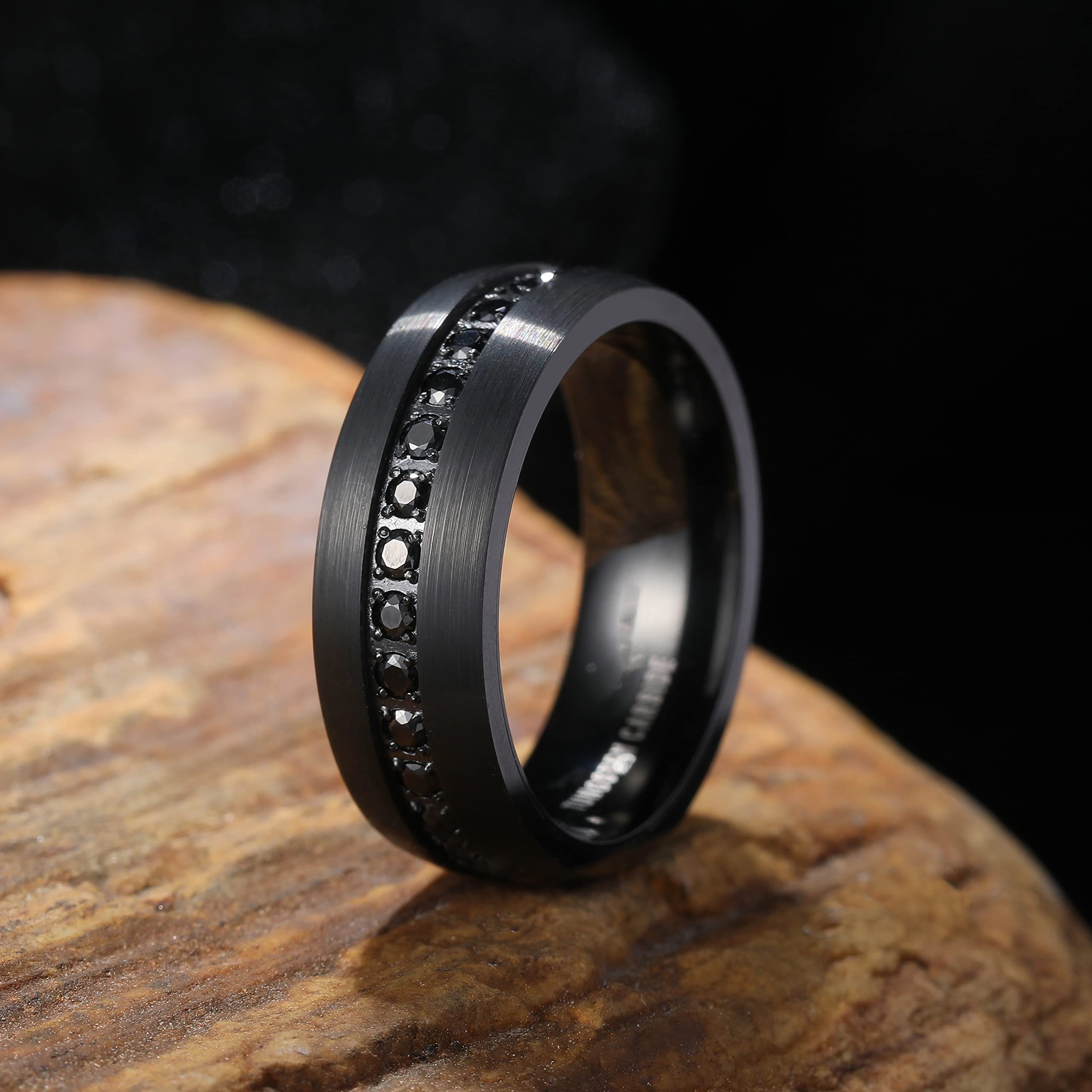 Black Diamond Matte Satin Finish 8mm Wedding Band Tungsten CZ Diamond Inlay Ring For Men