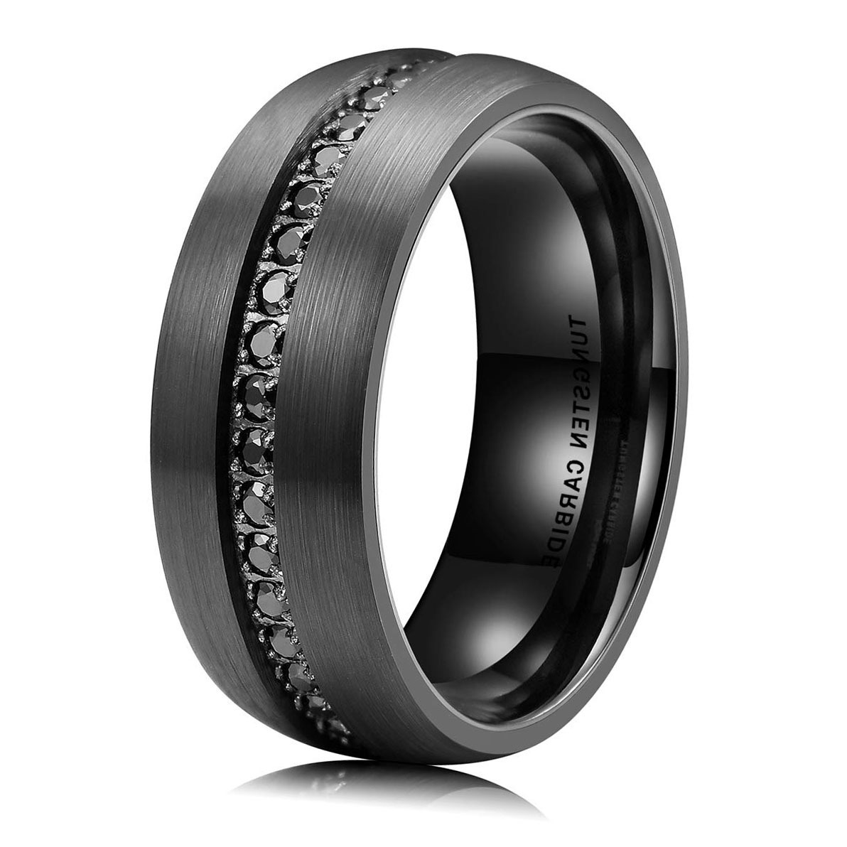 Black Diamond Matte Satin Finish 8mm Wedding Band Tungsten CZ Diamond Inlay Ring For Men