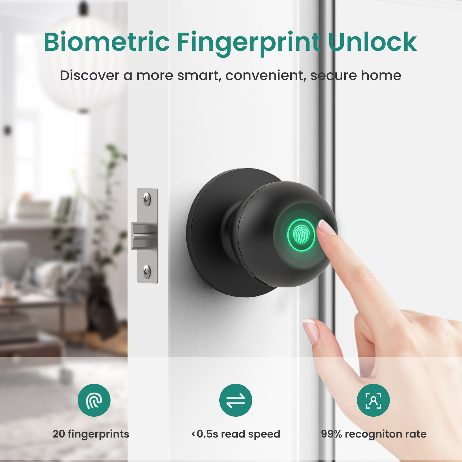 Gosund Quick Release Ball Smart Door Knob Biometric Fingerprint Electric Knob Door Lock Bolts for App Control Interior Doors