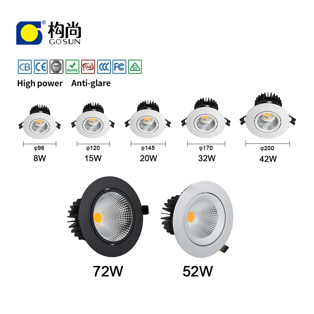 Flicker free 8-90W CRI80/90/97 anti-glare recessed 5 years warranty  LED COB downlight