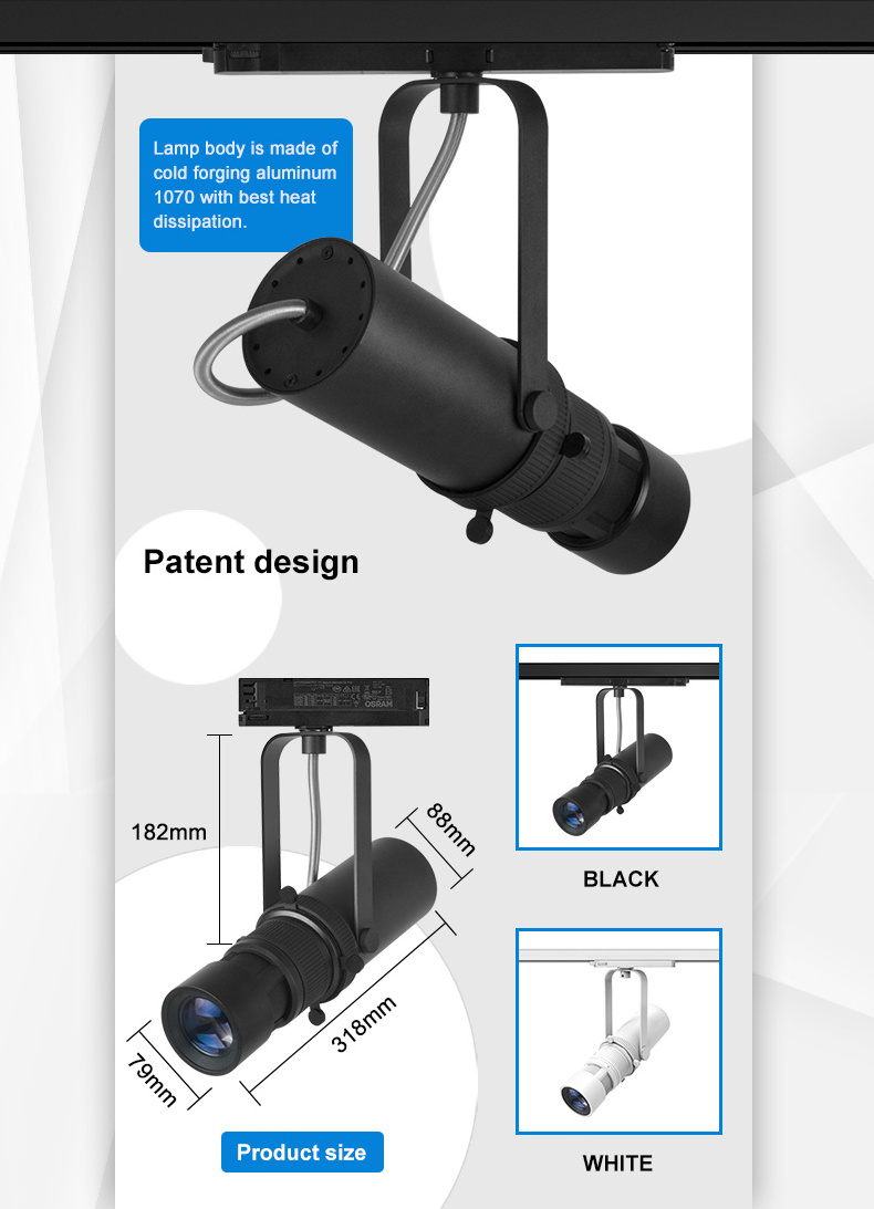 zoomable focus function led track rail lighting dimmable contour spotlight