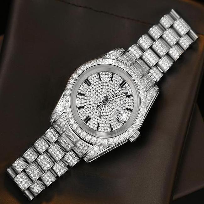 Custom Logo High End Gents Quartz Stainless Steel Full Rhinestones Luxury Men Bling Diamond Iced Out Watch