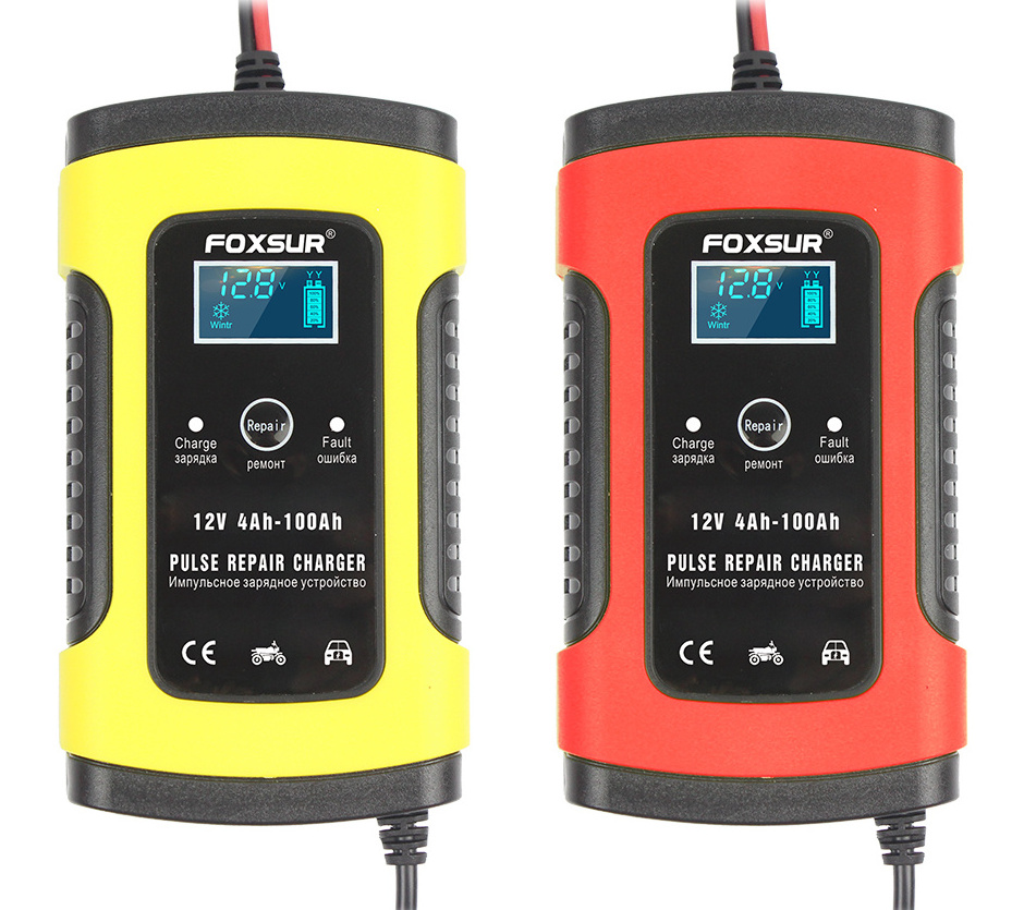 FOXSUR 12V 5A Motorcycle Car Battery Charger Maintainer & Desulfator Smart Battery Charger Pulse Repair Charger LCD Display