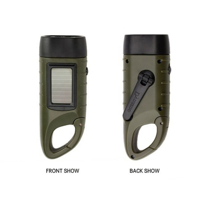 Army Green LED Portable Outdoor Camping Survival Solar Hand Crank Dynamo Carabiner Saving Power Flashlight