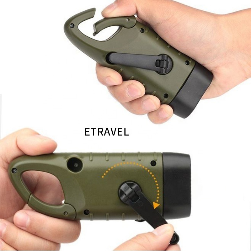 Army Green LED Portable Outdoor Camping Survival Solar Hand Crank Dynamo Carabiner Saving Power Flashlight