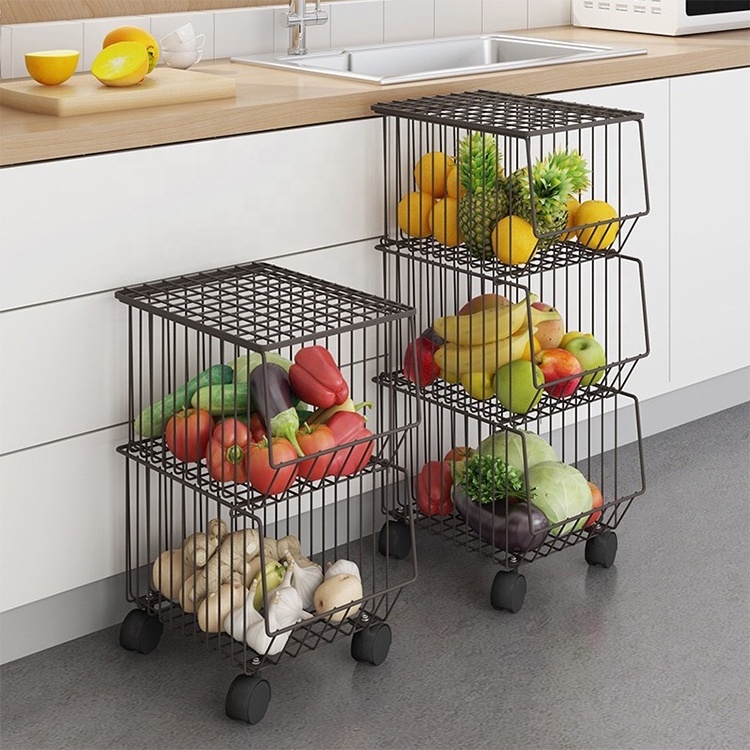 2 Layer Multifunction Kitchen Fruit Vegetable Rack Storage Baskets Trolley Cart With Wheels Waterproof And Antirust