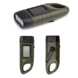 Army Green LED Portable Outdoor Camping Survival Solar Hand Crank Dynamo Carabiner Saving Power Flashlight