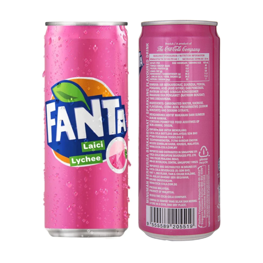 Fanta Lychee Soft Drink Can 320ml mixed with many other Fanta flavors Sarsi Grape Orange Cream Soda Fruity