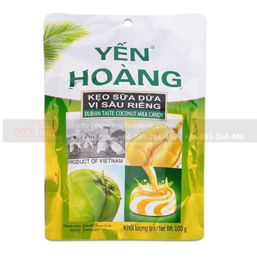 Yen Hoang Crispy Coconut Durian Candy The Product Is Made From Pure Coconut Milk, White Granulated Sugar, Malt