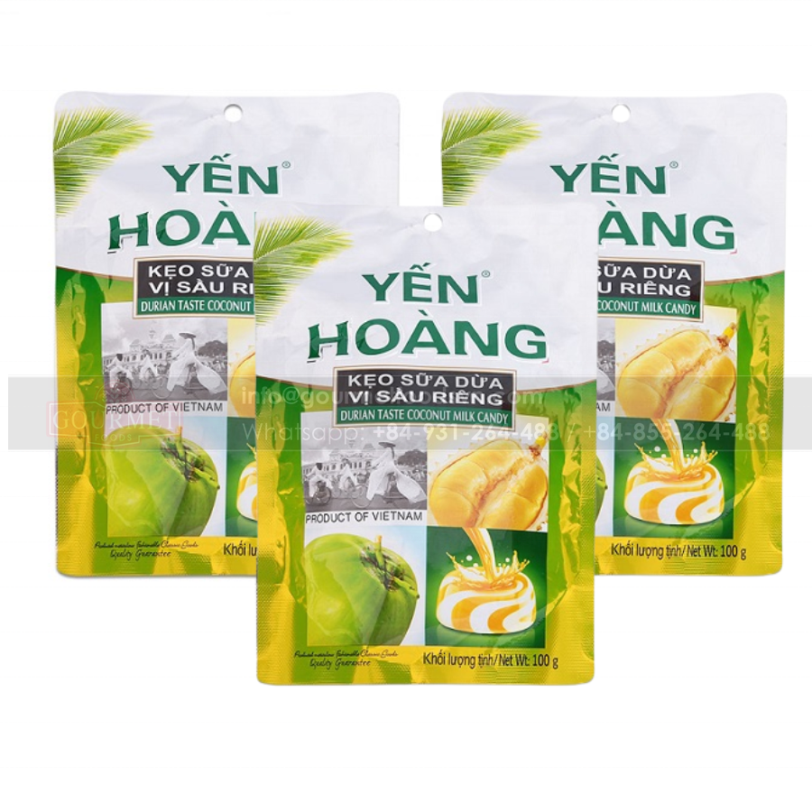 Yen Hoang Crispy Coconut Durian Candy The Product Is Made From Pure Coconut Milk, White Granulated Sugar, Malt