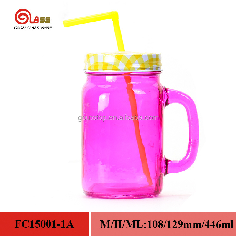 450ml Multicolor Glass mason Jar with Handle and tin lid juice drinking glass straw colorful glass mason jar