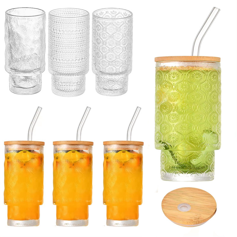 Wholesale Creative Unique Ribbed Glass Cups Set Vintage Ribbed Glassware 11oz Drinking Glasses Cocktail Glasses