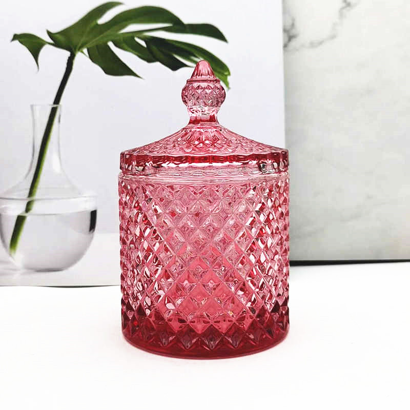 Luxury 10 oz red candle jars with lid and boxs pink glass candle vessels