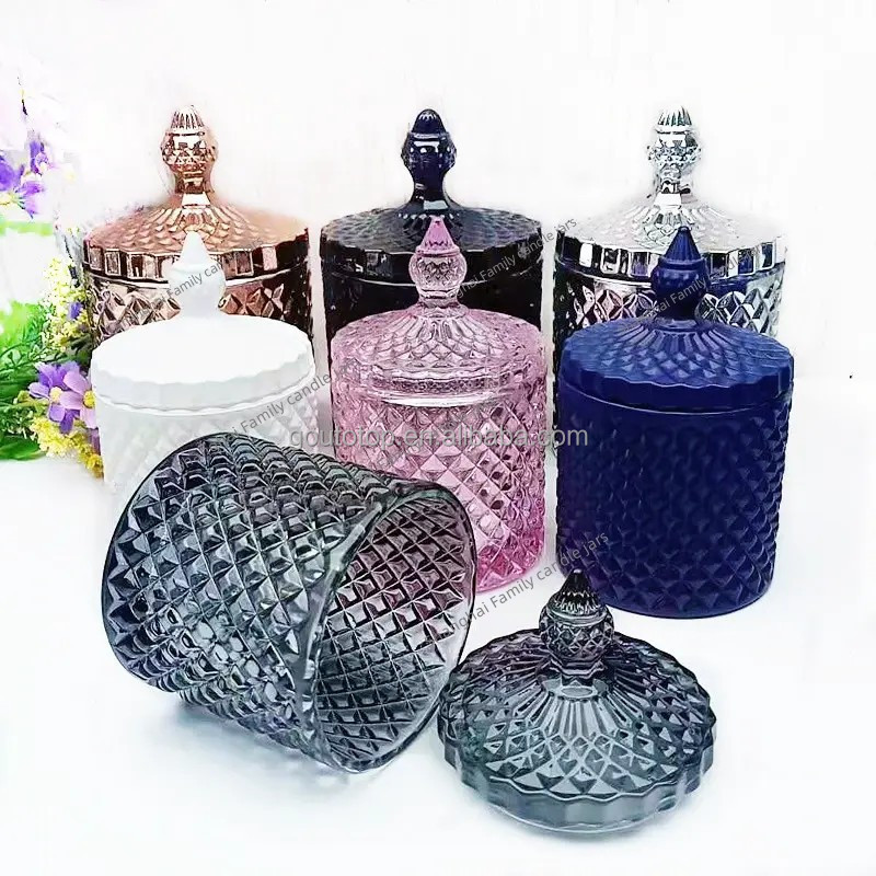 Hot sell Diamond Faceted Crystal Glass Decorative Candy Jar luxury empty candle jars with lid and packing box