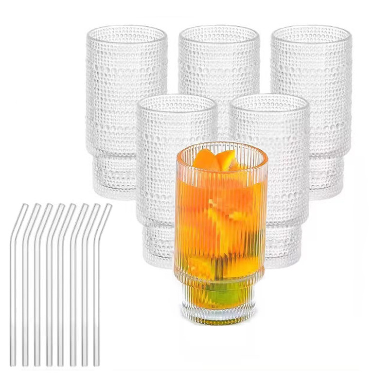 Wholesale Creative Unique Ribbed Glass Cups Set Vintage Ribbed Glassware 11oz Drinking Glasses Cocktail Glasses