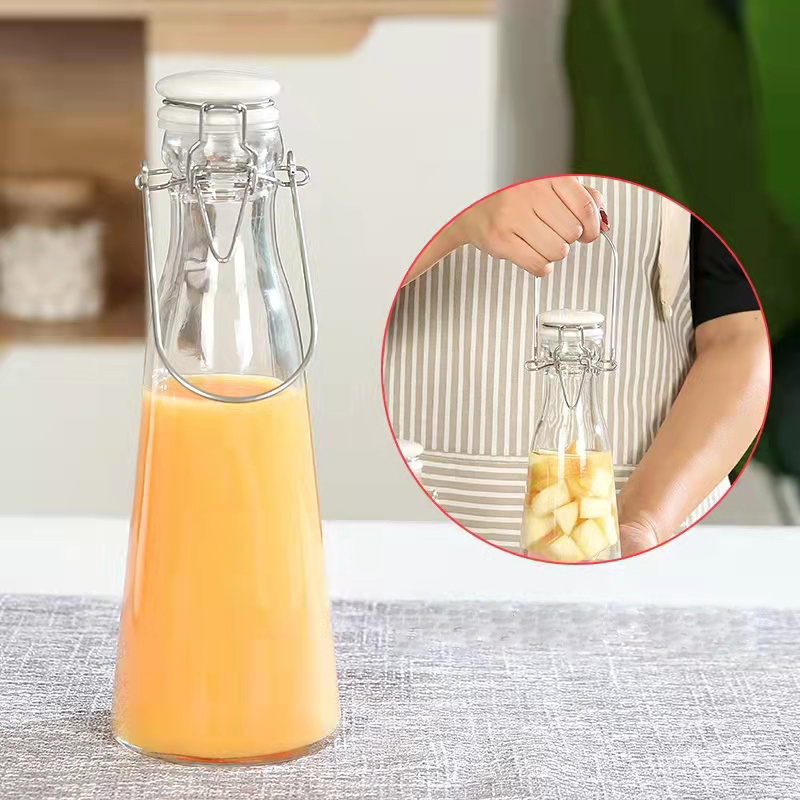 Wholesale 350ml 500ml  ceramic seal conical drink bottle milk bottle iron clasp portable portable glass bottle