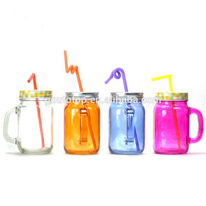 450ml Multicolor Glass mason Jar with Handle and tin lid juice drinking glass straw colorful glass mason jar