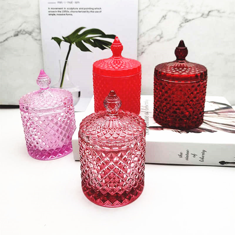 Luxury 10 oz red candle jars with lid and boxs pink glass candle vessels